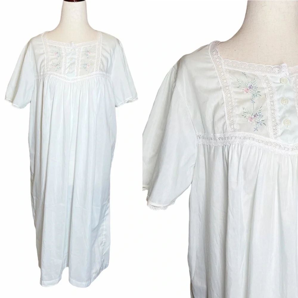 Vintage 80s Pale Blue Embroidered Floral Lace Angelcore Nightgown - Picture 1 of 7